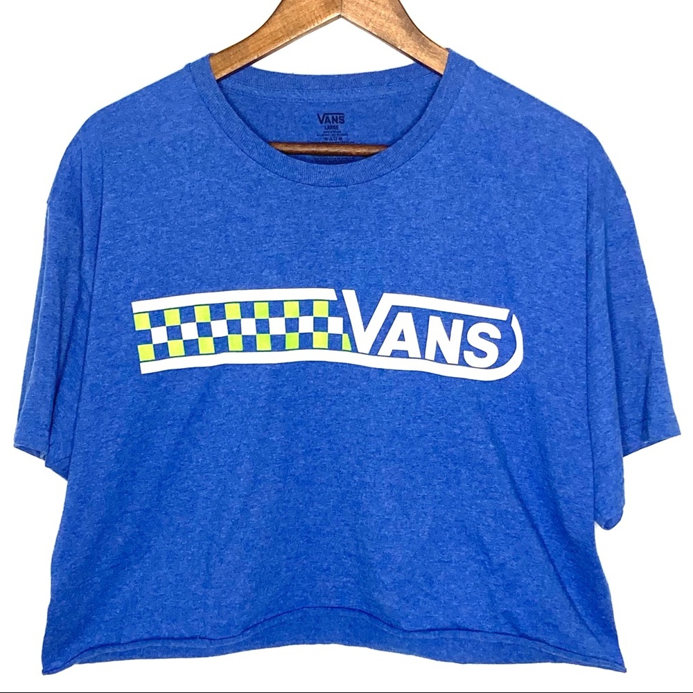 VANS Checkered Graphic Short Sleeve Crop Tee Blue Green White Sz L (Large)